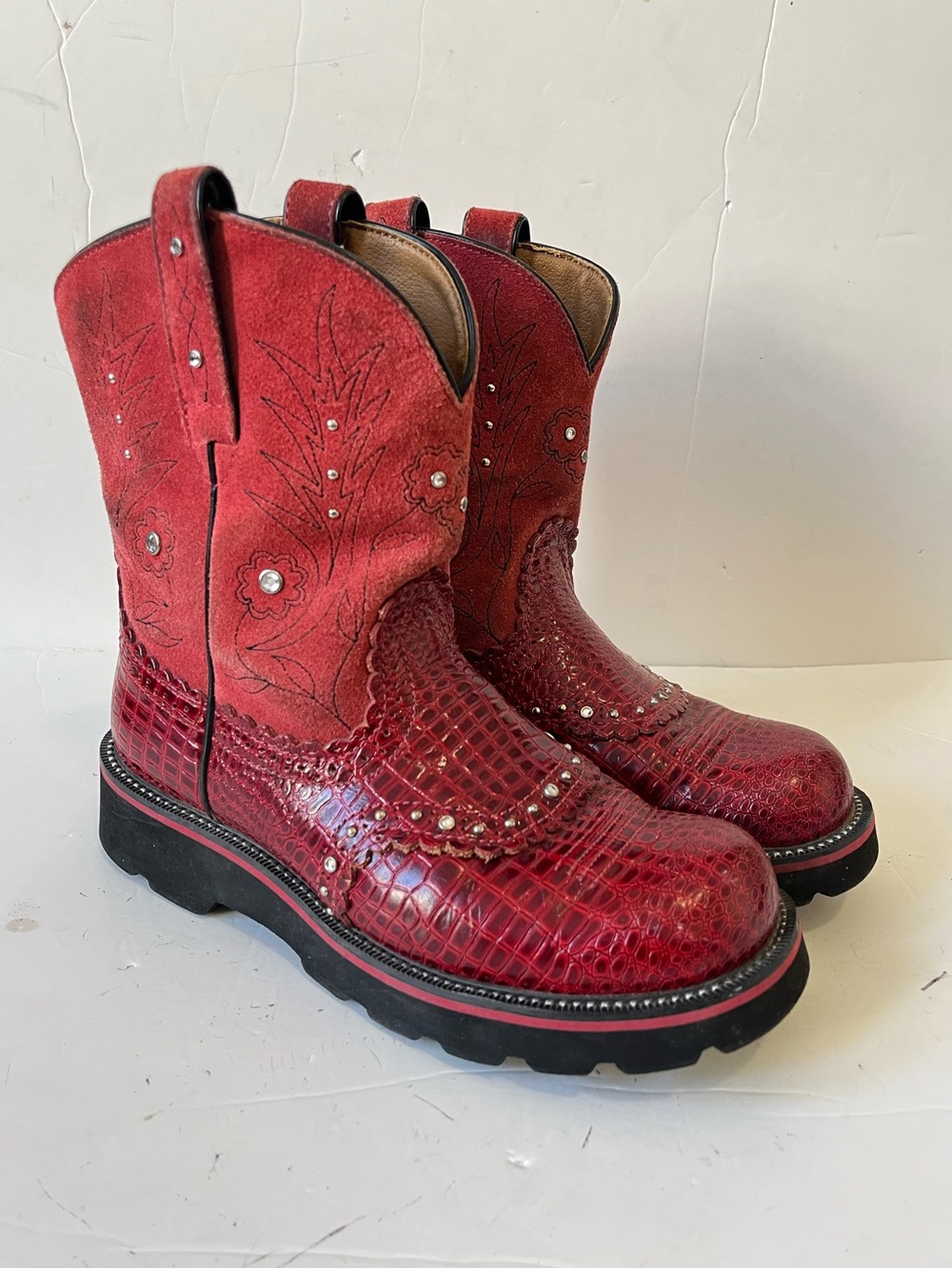 Ariat fatbaby Red suede faux croc Embossed Western cowboy boots size 8B - Picture 2 of 10